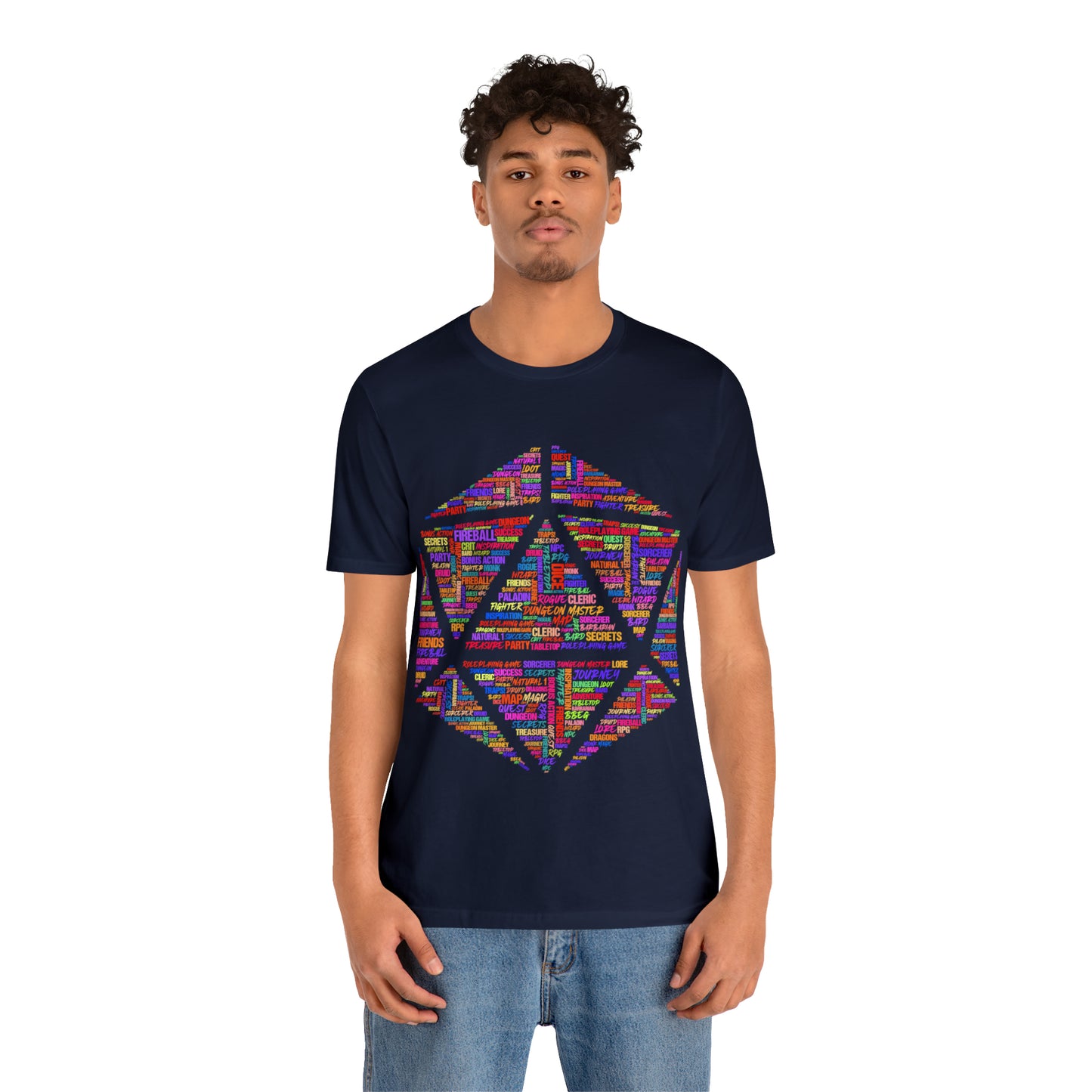 D20 Fantasy Roleplaying Word Cloud T-shirt (Unisex Jersey Short Sleeve)