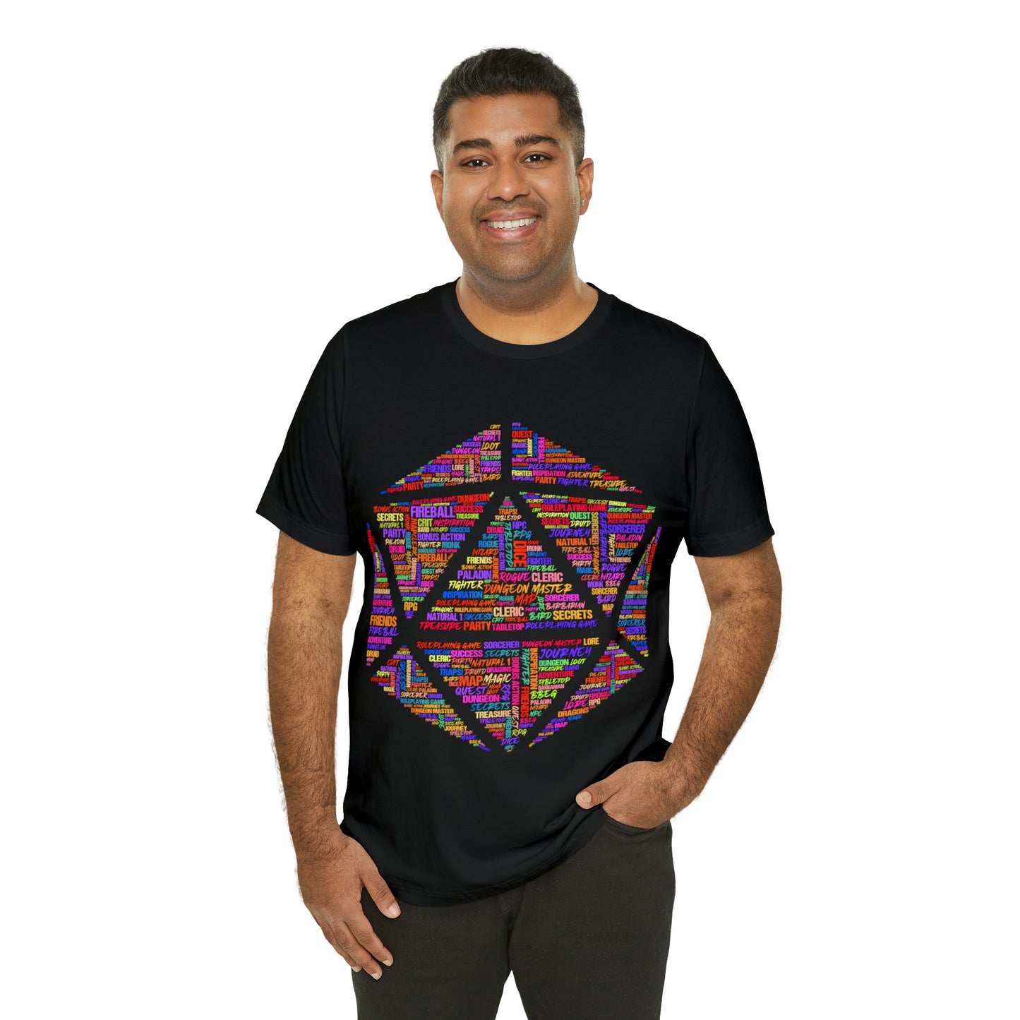 D20 Fantasy Roleplaying Word Cloud T-shirt (Unisex Jersey Short Sleeve)