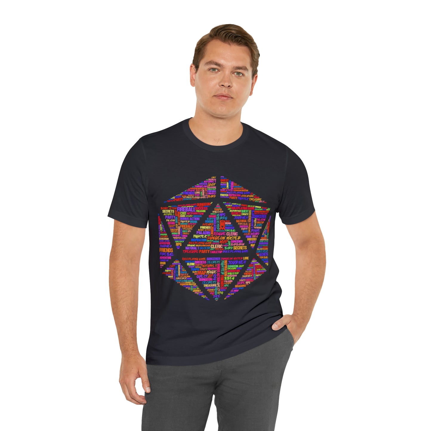 D20 Fantasy Roleplaying Word Cloud T-shirt (Unisex Jersey Short Sleeve)