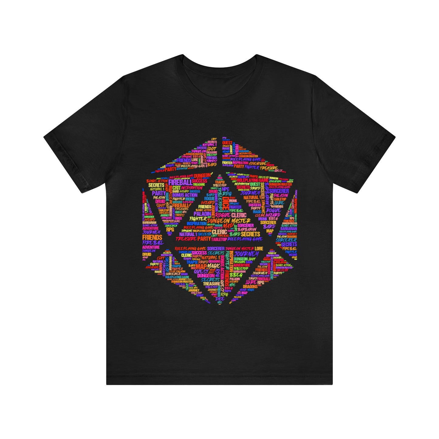 D20 Fantasy Roleplaying Word Cloud T-shirt (Unisex Jersey Short Sleeve)