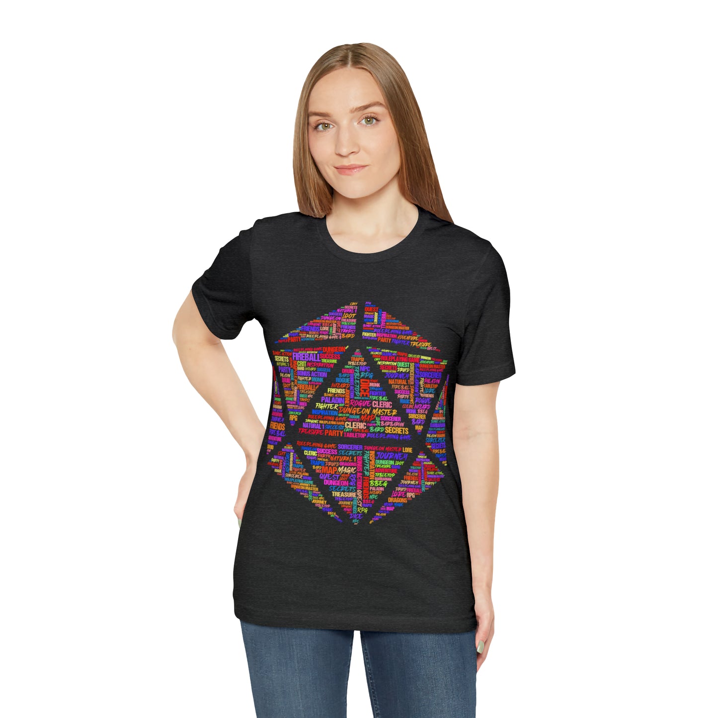 D20 Fantasy Roleplaying Word Cloud T-shirt (Unisex Jersey Short Sleeve)