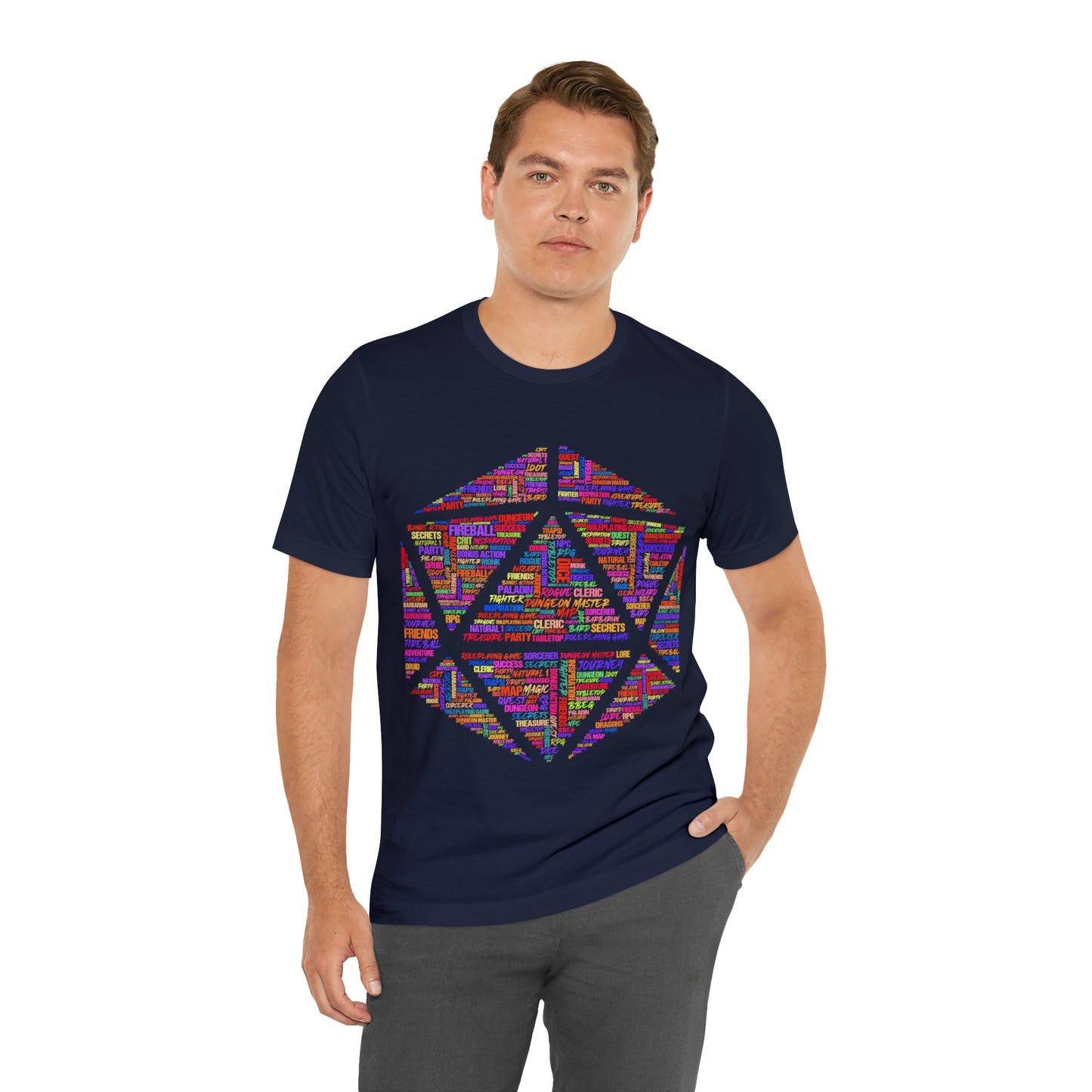 D20 Fantasy Roleplaying Word Cloud T-shirt (Unisex Jersey Short Sleeve)