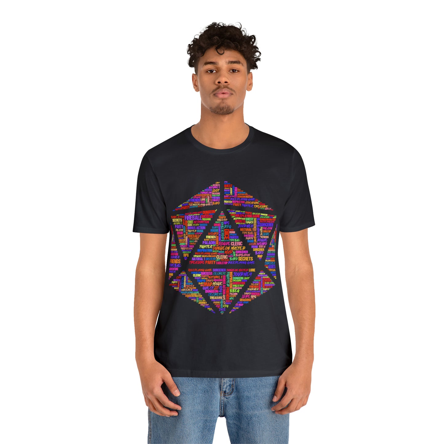 D20 Fantasy Roleplaying Word Cloud T-shirt (Unisex Jersey Short Sleeve)