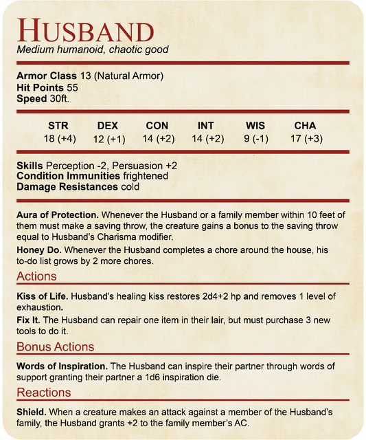 DnD Husband Stat Block T-Shirt