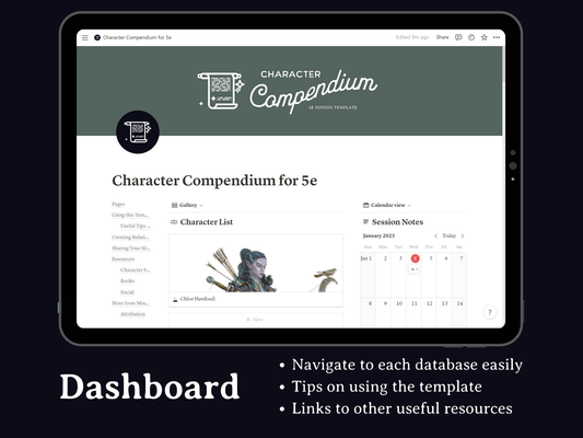 Character Compendium 5e Notion Template - Digital Only