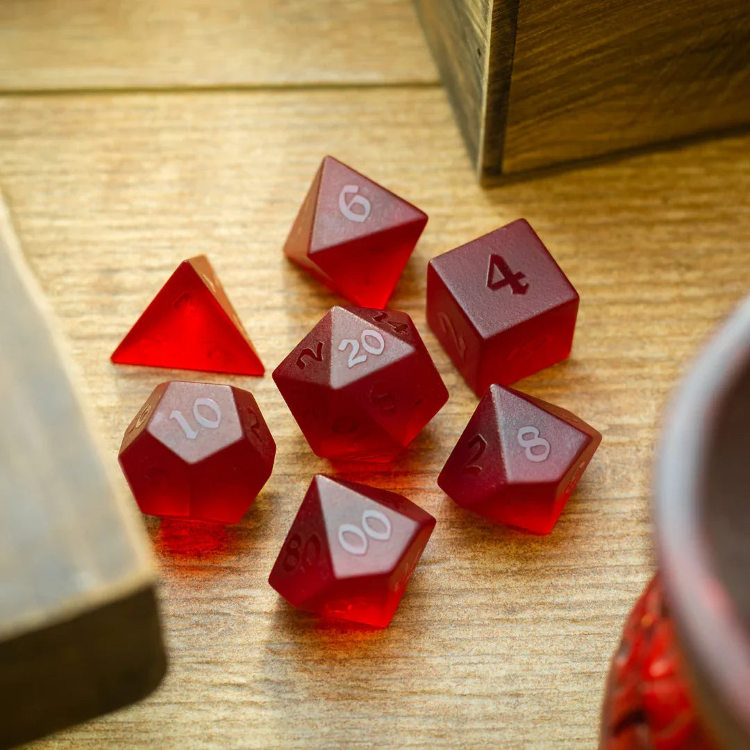 Blood Red Raised Zircon Glass Hand Carved DND Dice Set