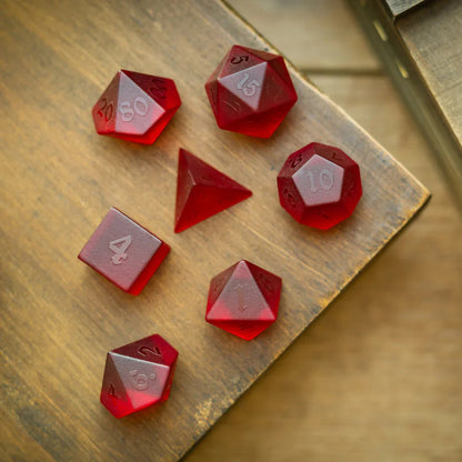 Blood Red Raised Zircon Glass Hand Carved DND Dice Set