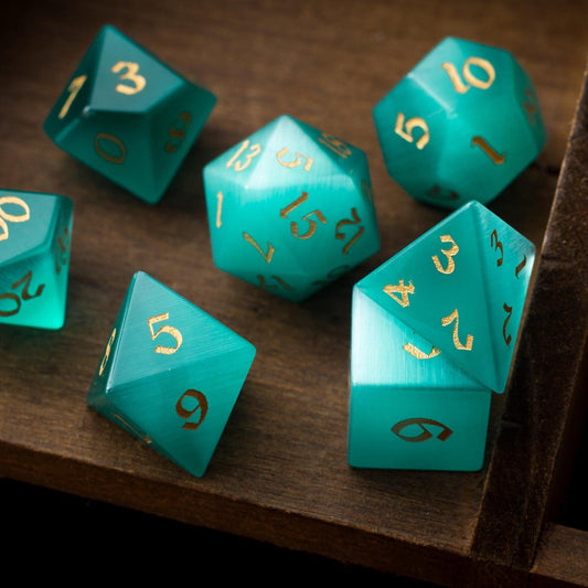 Gemstone Aquamarine Cats Eye Stone Hand Carved DND Dice Set