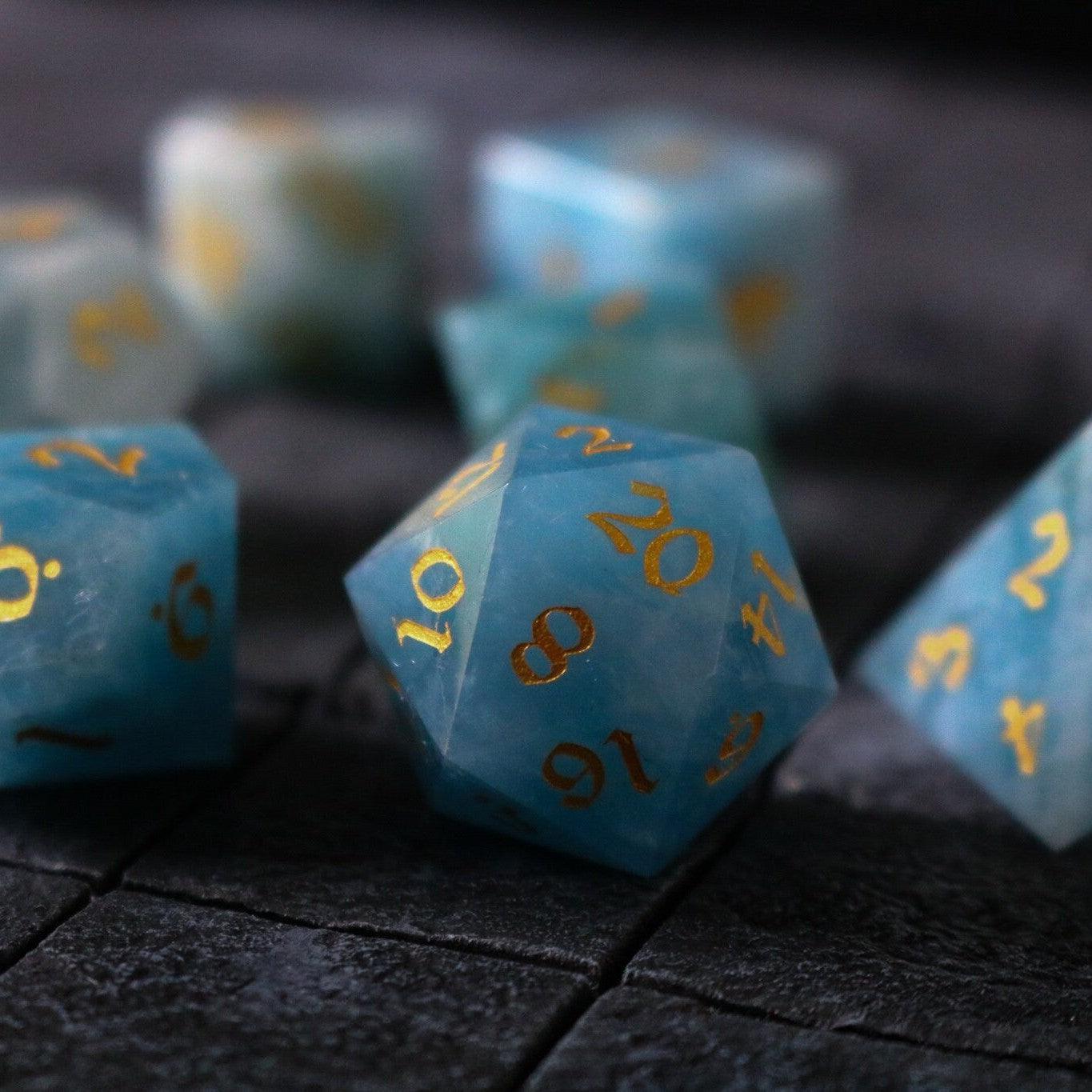 Gemstone Blue Aquamarine Stone Hand Carved DND Dice Set