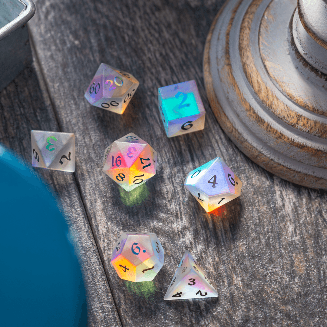 Gemstone (Inked) Raised Dichroic Glass DND Dice Set