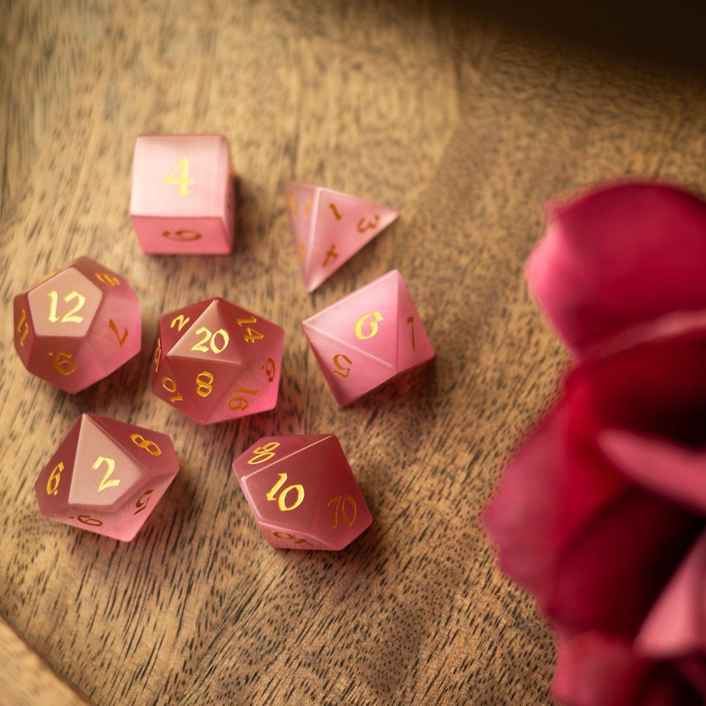Gemstone Pink Watermelon Cats Eye Stone Hand Carved DND Dice Set