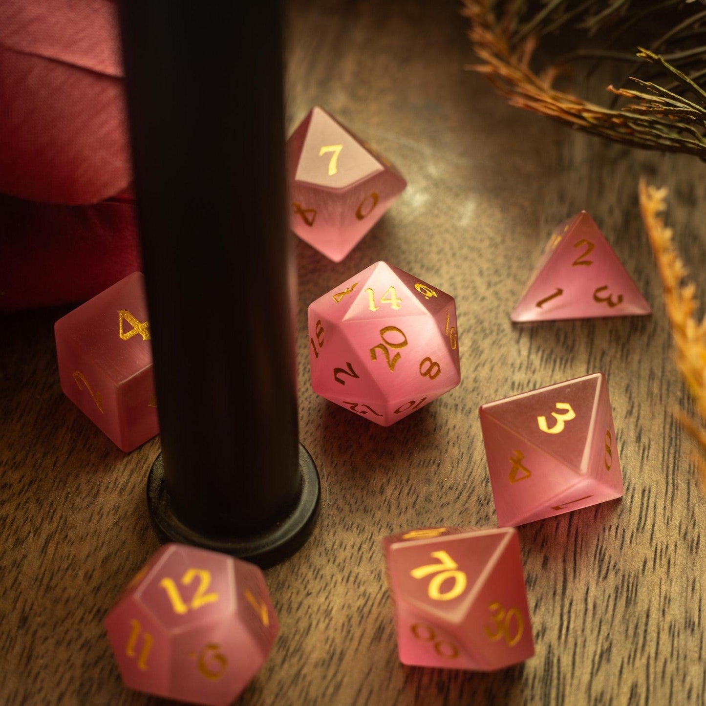 Gemstone Pink Watermelon Cats Eye Stone Hand Carved DND Dice Set