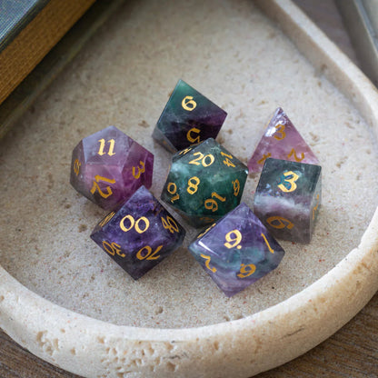 Gemstone Rainbow Fluorite Hand Carved DND Dice Set