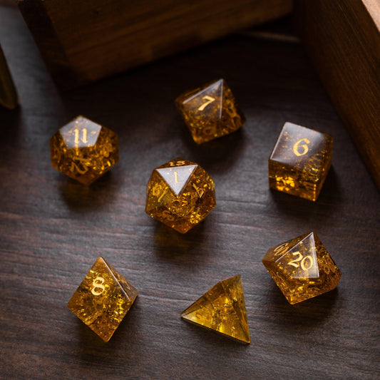Gold Honey Lightning Cracked Glass DND Dice Set