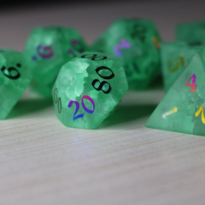 Green Mint Inked Lightning Cracked Glass DND Dice Set
