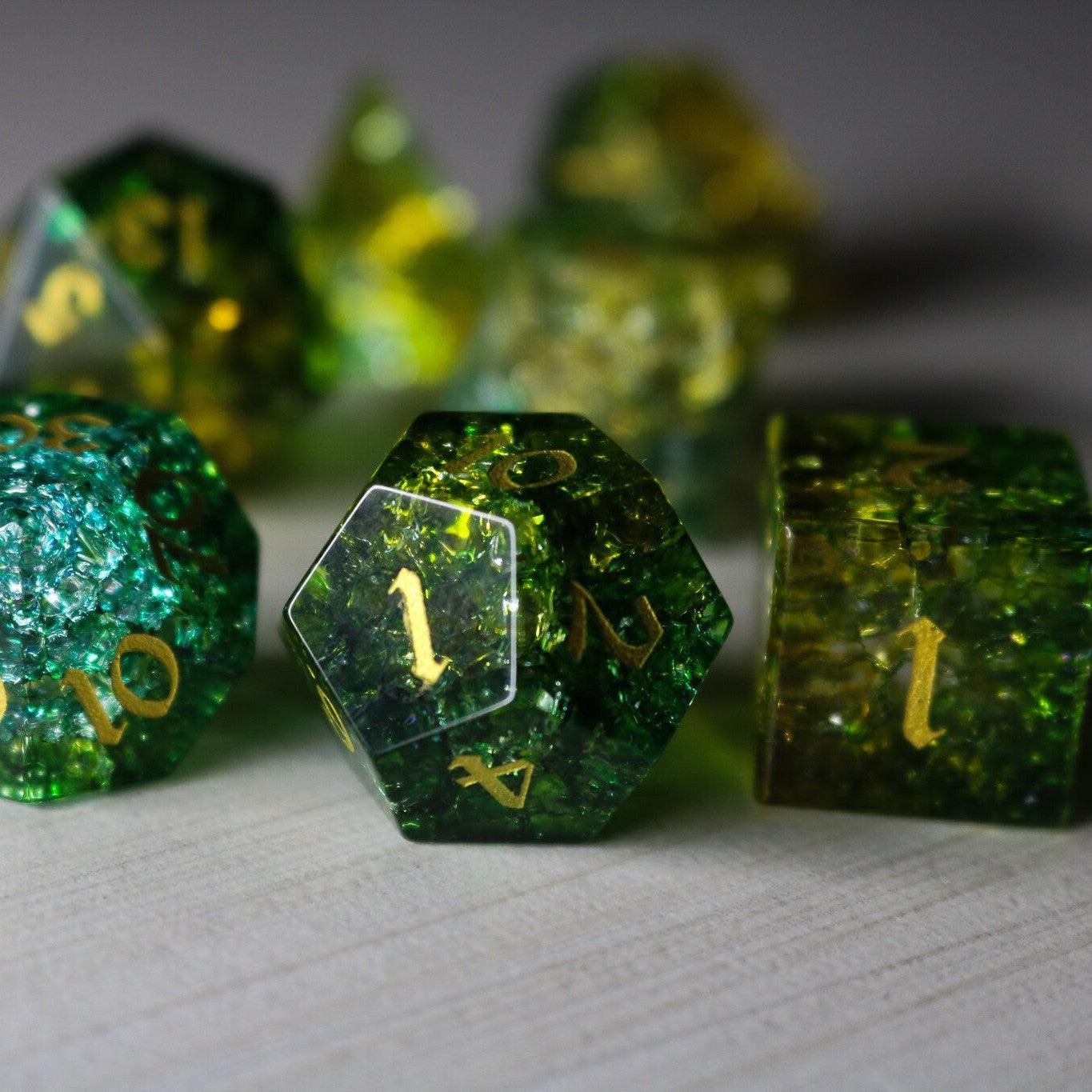 Green Poison Forge Fire Cracked Glass DND Dice Set