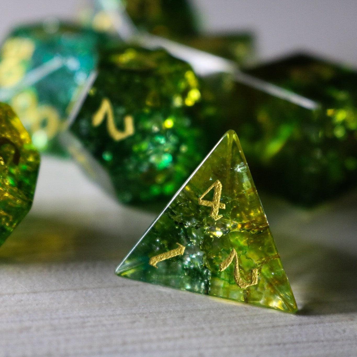 Green Poison Forge Fire Cracked Glass DND Dice Set