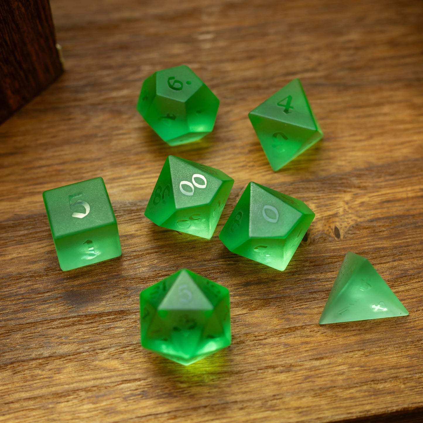 Green Raised Zircon Glass Hand Carved DND Dice Set