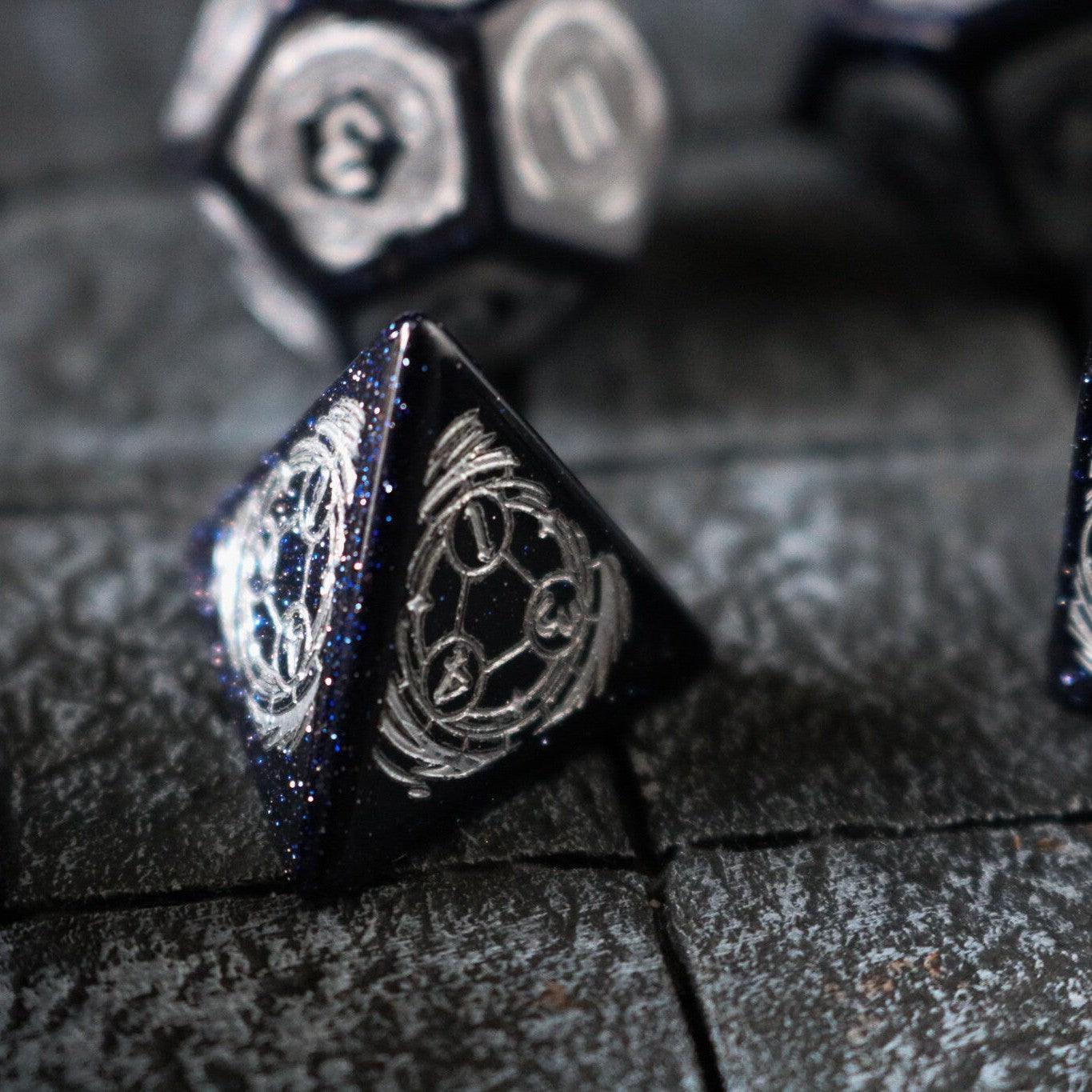 Mage Fury Blue Sandstone Silver Font Gemstone DND Dice Set