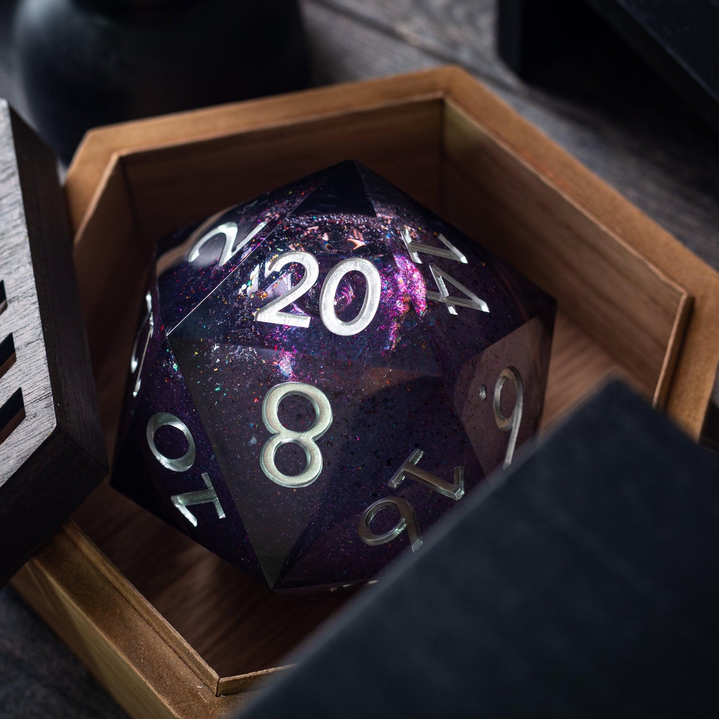 Massive Black Rainbow Glitter Liquid Core 95MM Chonk Handmade Resin Dice And Box