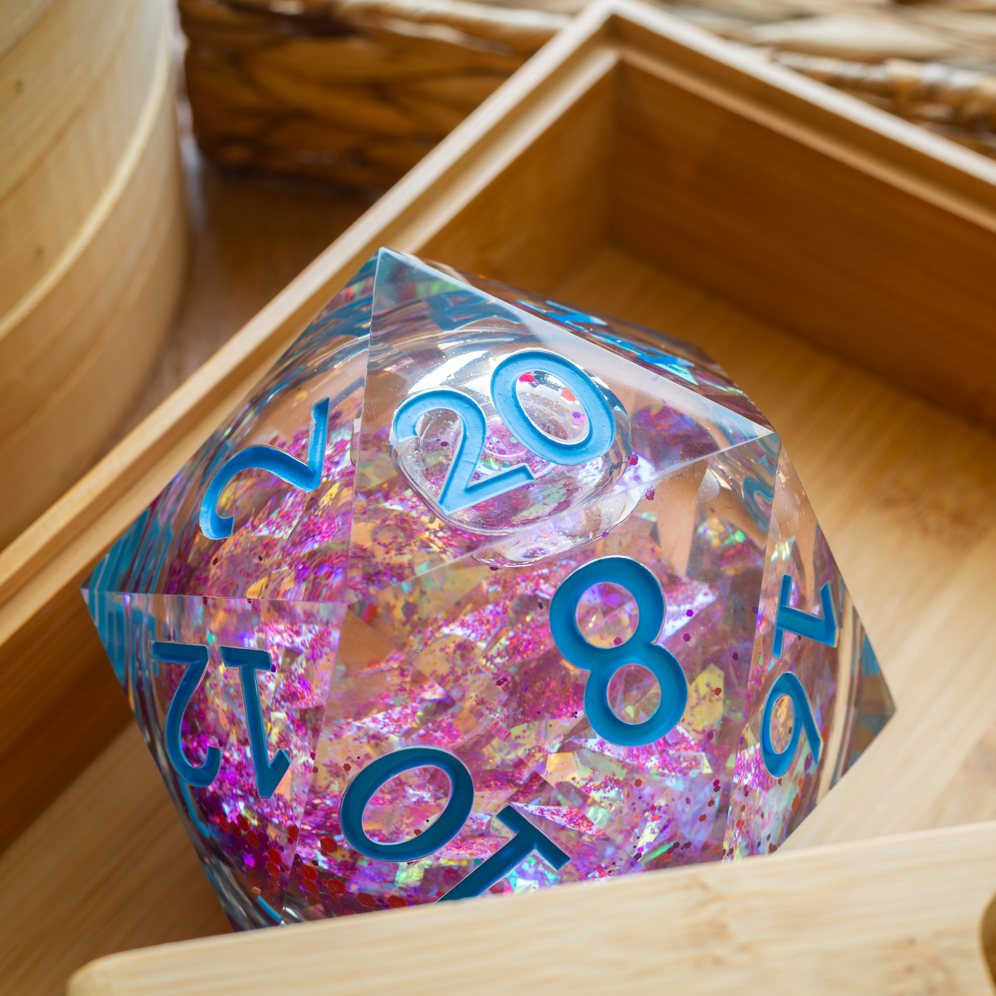 Massive Pastel Pink Baby Blue Glitter Liquid Core 95MM Chonk Handmade Resin Dice And Box