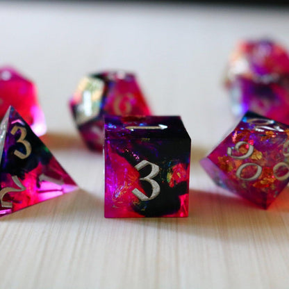 Pink/Silver Handmade Sharp Edge Resin DND Dice Set