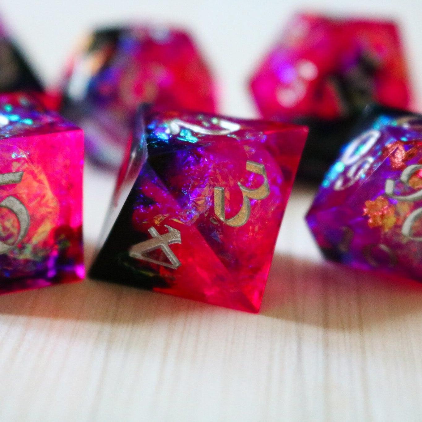 Pink/Silver Handmade Sharp Edge Resin DND Dice Set
