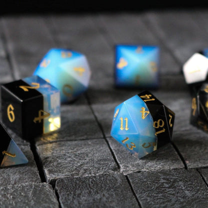 Synthetic Gemstone Two Tone White/Black Hand Carved DND Dice Set