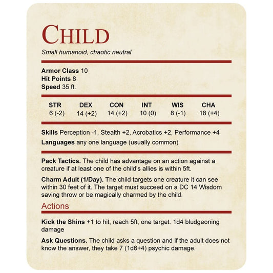 D&D Toddler Shirt Child Stat Block
