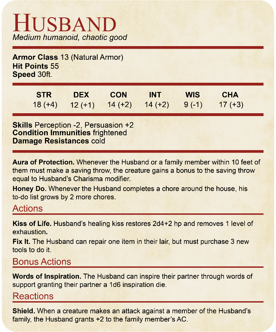 DnD Husband Stat Block T-Shirt
