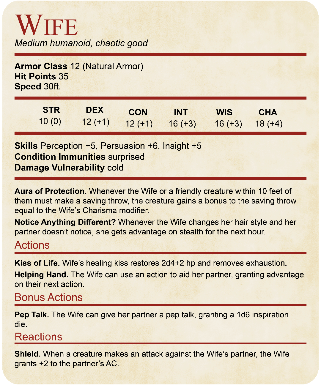 DnD Wife Stat Block T-Shirt